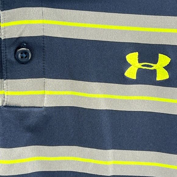 Men UA Under Armour Heatgear Short Sleeve Polo Shirt M Blue/Gray/Yellow Stripe - Picture 3 of 10